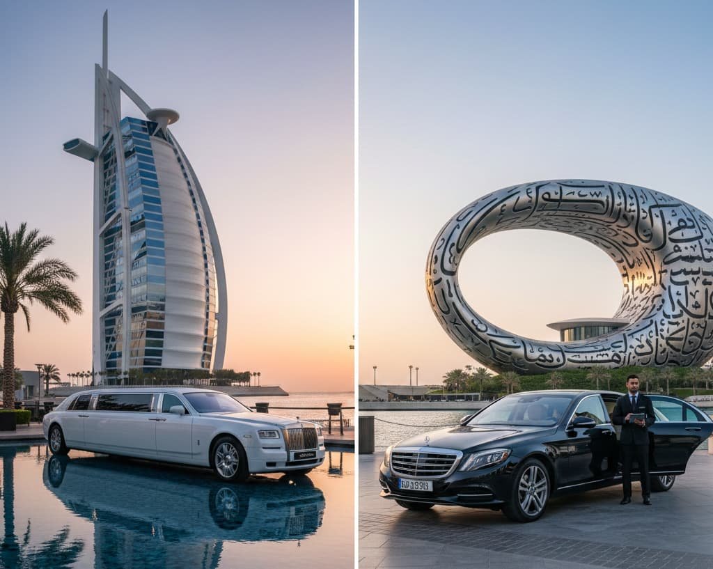 A split-frame comparison of luxury transportation in Dubai. On the left, a white stretch limousine is parked in front of the Burj Al Arab. On the right, a black chauffeur-driven luxury sedan stands before the Museum of the Future.