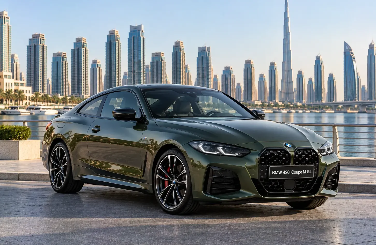The image shows a green BMW 4 Series 420i Coupe M-Kit (G22) parked with the Dubai skyline and the Burj Khalifa in the background.