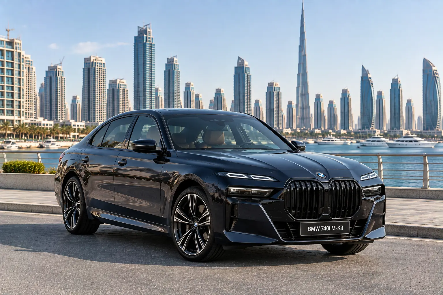 The image appears to show a black BMW 7 Series, BMW 740i M-Kit luxury sedan parked against a backdrop of Dubai's skyline, including the Burj Khalifa.