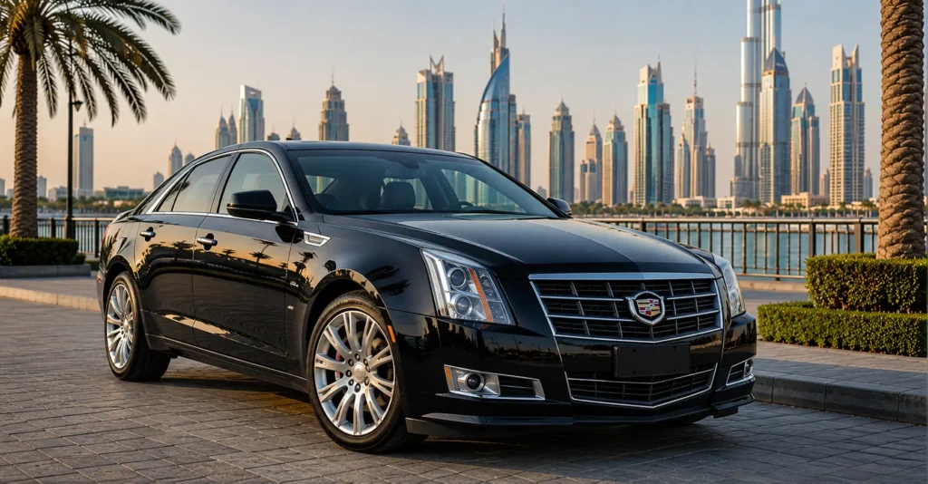 Black Cadillac CTS parked on a Dubai waterfront promenade with city skyline, representing premium chauffeur service and luxury travel.