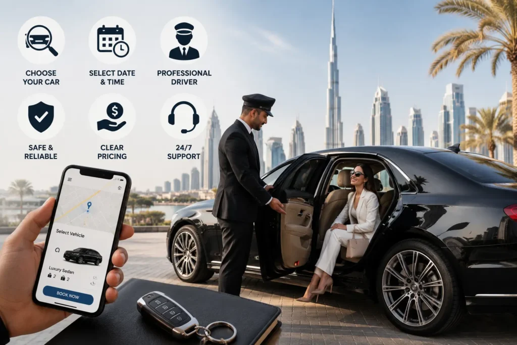 Car With a Driver in Dubai featuring a luxury chauffeur service with online booking, professional driver, and comfortable executive sedan.