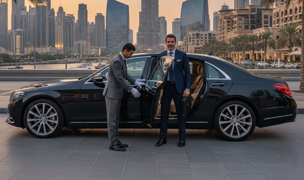 Choose best chauffeur service in Dubai. Luxury black Mercedes-Benz, professional chauffeur, Dubai skyline with Burj Khalifa.