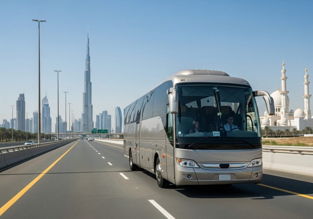 Luxury coach on Dubai-Abu Dhabi highway showcasing safety features like seat belts, CCTV, and emergency exits under clear skies.