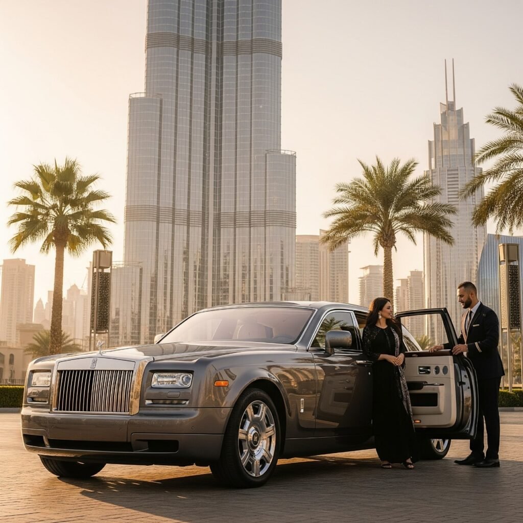 Rolls Royce Phantom parked in Dubai, showcasing luxury car hire service for lavish travel experiences.