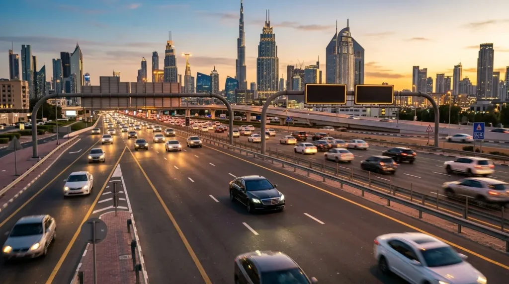 Dubai highway traffic during sunset with multiple vehicles and city skyline, highlighting urban transportation and road connectivity.
