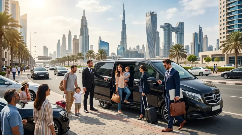 Luxury chauffeur assisting business travelers and family boarding a premium van car with driver at the Dubai skyline backdrop.