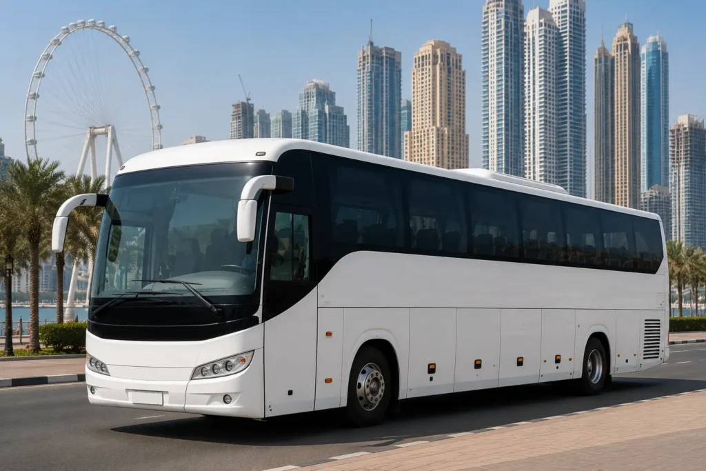 Premium 40 Seater Luxury Bus with Driver in Dubai on a Dubai Marina road with luxury skyscrapers, perfect for business events, tourist groups, airport transfers, and corporate transportation.