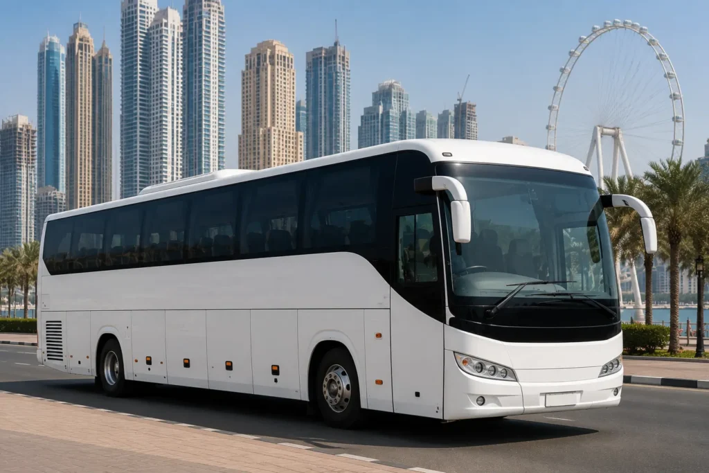 Premium 40 Seater Luxury Bus with Driver in Dubai on a Dubai Marina road with luxury skyscrapers, perfect for business events, tourist groups, airport transfers, and corporate transportation.