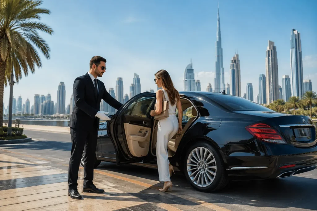 Professional chauffeur welcoming a passenger into a luxury sedan with the Dubai skyline, showcasing premium car with driver in Dubai service for comfortable and hassle-free travel.