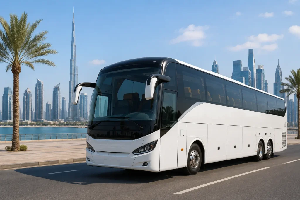 Spacious 50 Seater Luxury Bus in Dubai driving along a Dubai waterfront road with a modern skyline, providing reliable transportation for large groups, corporate events, and special occasions.