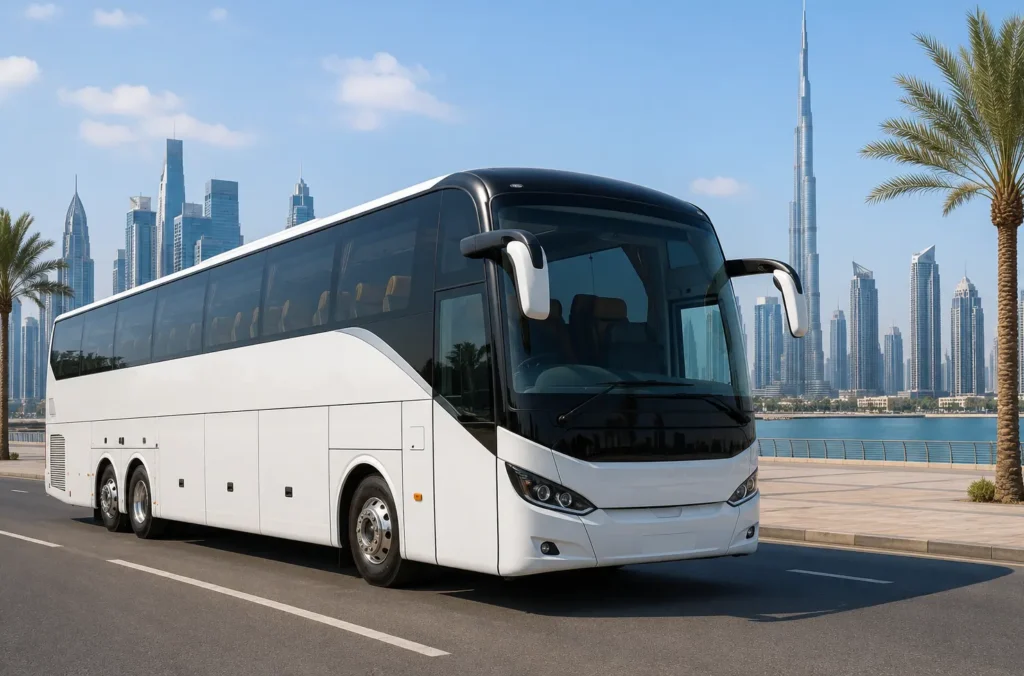 Spacious 50 Seater Luxury Bus in Dubai driving along a Dubai waterfront road with a modern skyline, providing reliable transportation for large groups, corporate events, and special occasions.