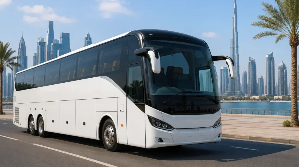 Spacious 50 Seater Luxury Bus in Dubai driving along a Dubai waterfront road with a modern skyline, providing reliable transportation for large groups, corporate events, and special occasions.