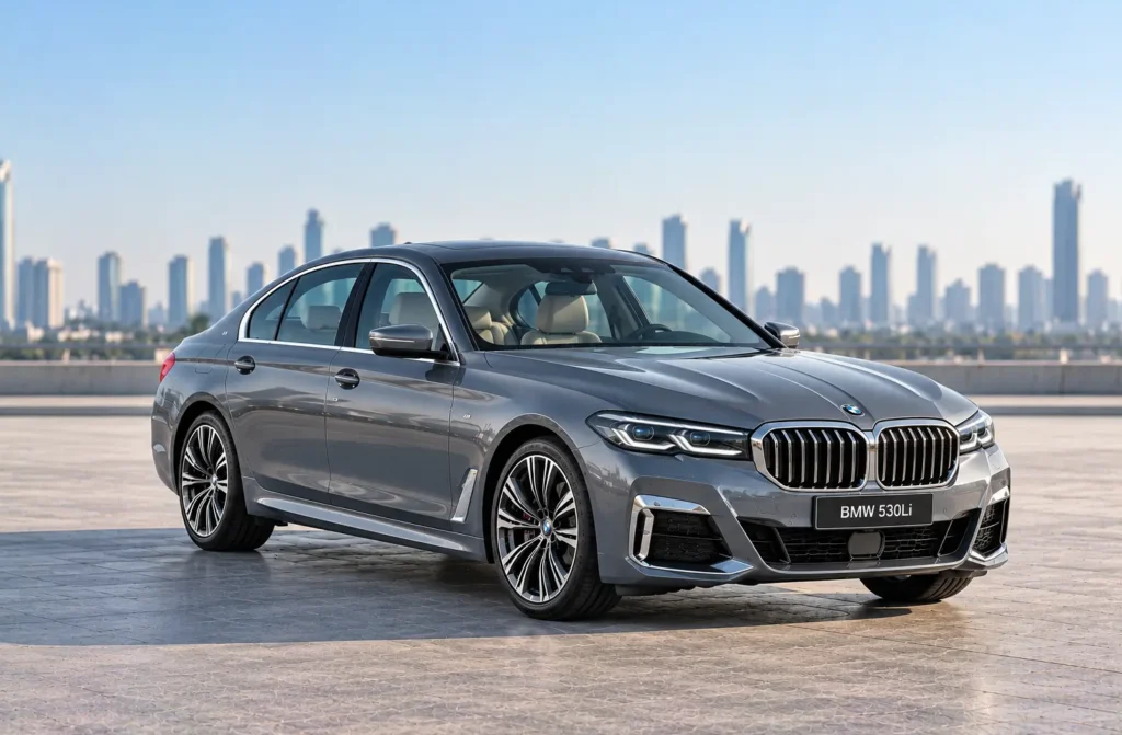 The image appears to show a BMW 530Li luxury sedan in a metallic grey finish.