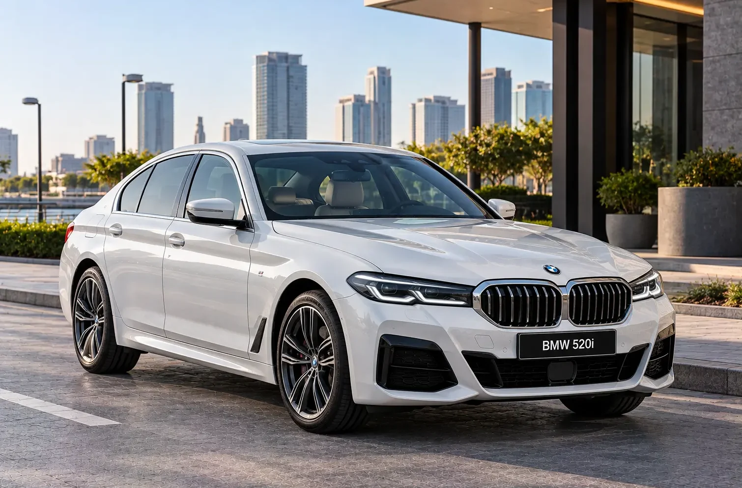 The image appears to show a white BMW 5 Series (G30 LCI Facelift), specifically styled as a BMW 520i M Sport model.