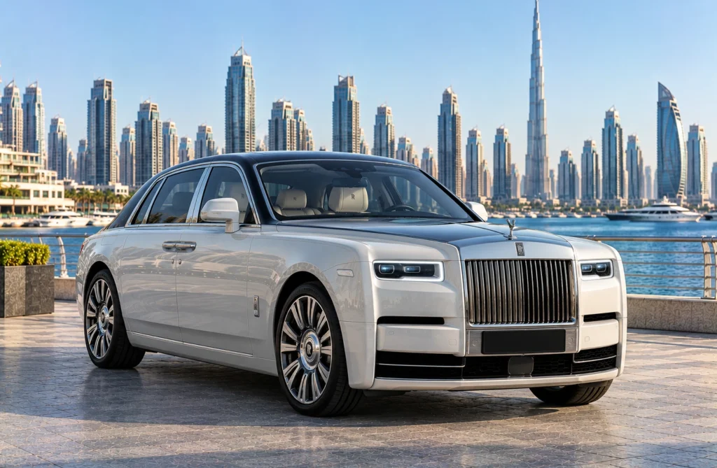 The vehicle in the image appears to be a Rolls-Royce Phantom Series II, featuring a prominent illuminated Pantheon grille and signature multi-spoke polished wheels against a Dubai skyline backdrop.
