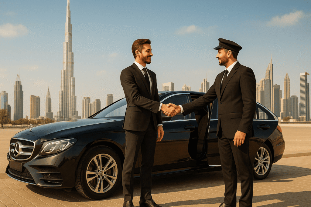Two men in suits shake hands by a black Mercedes in Dubai, symbolizing a luxury car hire with driver service.