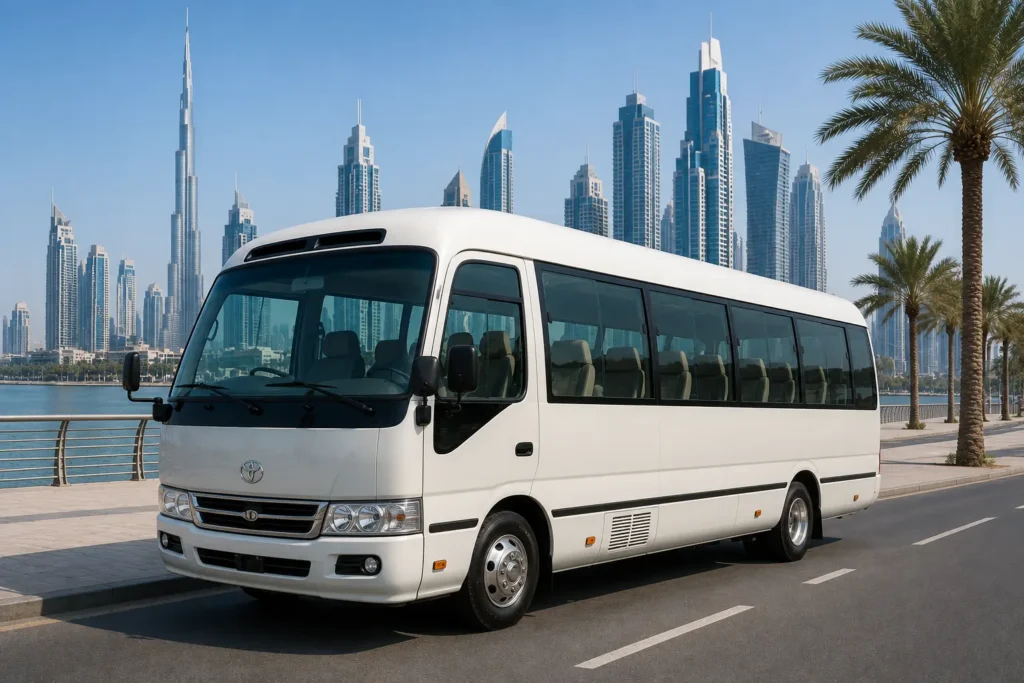 White 22 Seater Toyota Coaster parked on a Dubai waterfront road with the Burj Khalifa skyline, ideal for comfortable group travel, airport transfers, and city tours.