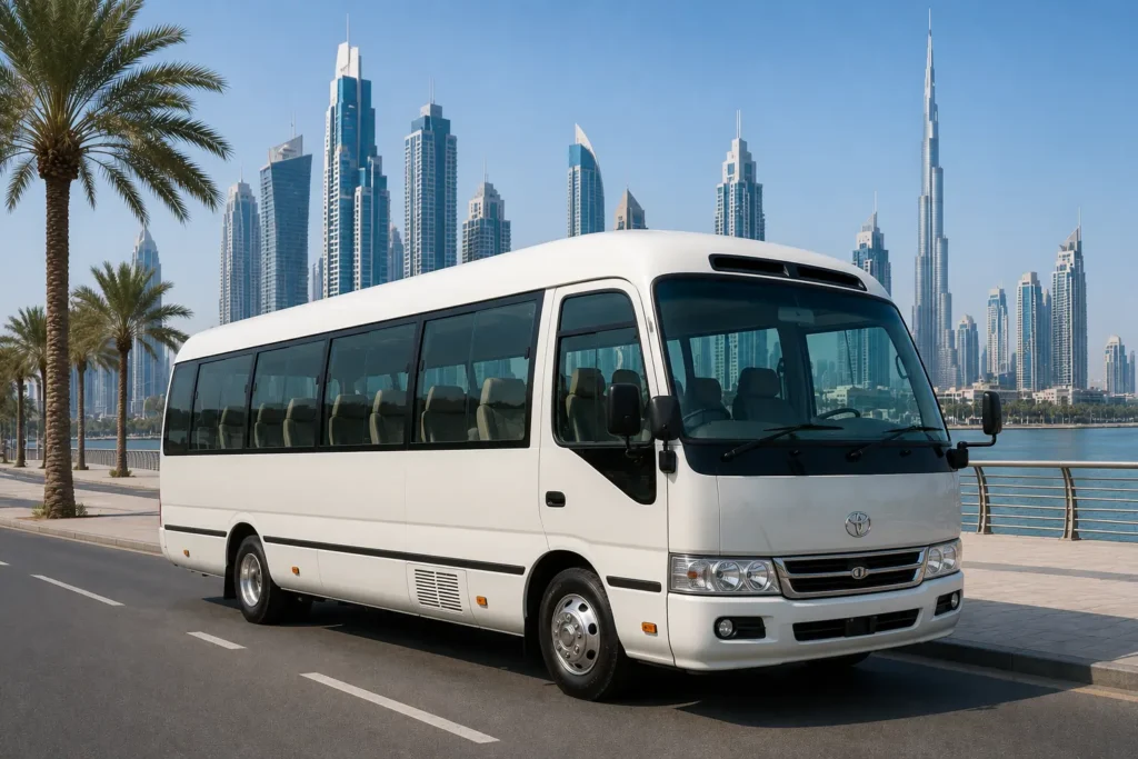 White 22 Seater Toyota Coaster parked on a Dubai waterfront road with the Burj Khalifa skyline, ideal for comfortable group travel, airport transfers, and city tours.