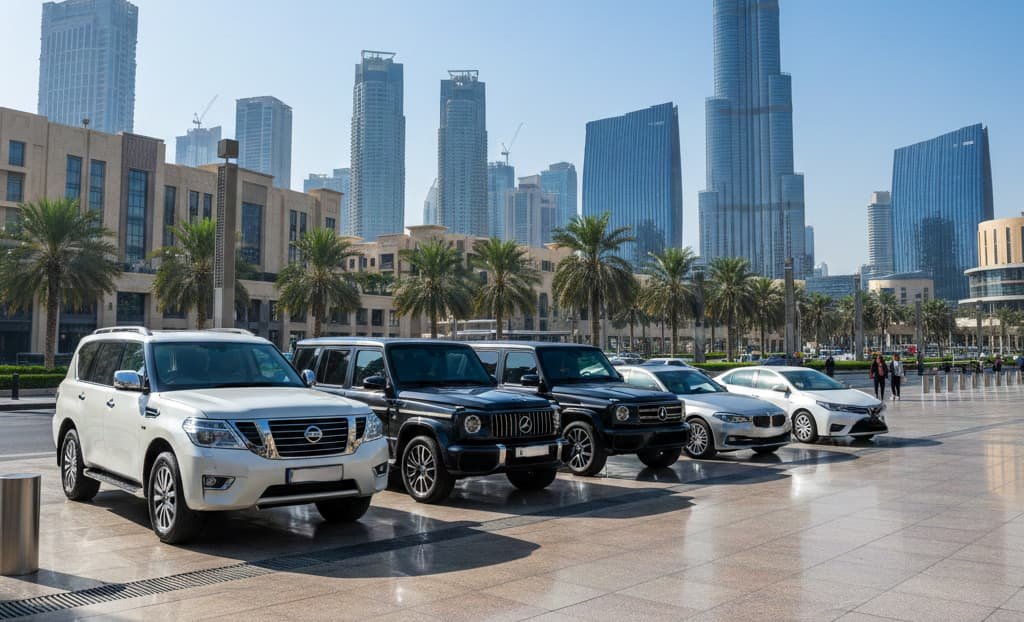 An ultra-realistic lineup of popular Dubai rental cars—white Nissan Patrol, Toyota Land Cruiser, black Mercedes-Benz G-Class, silver BMW 5 Series, and white Toyota Corolla—parked in a premium plaza with the Burj Khalifa and modern skyscrapers in the background under bright daylight.