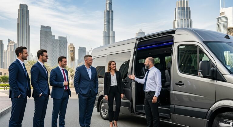 Corporate van rental with driver in Dubai for business executives standing beside a luxury chauffeur driven van with city skyline background.