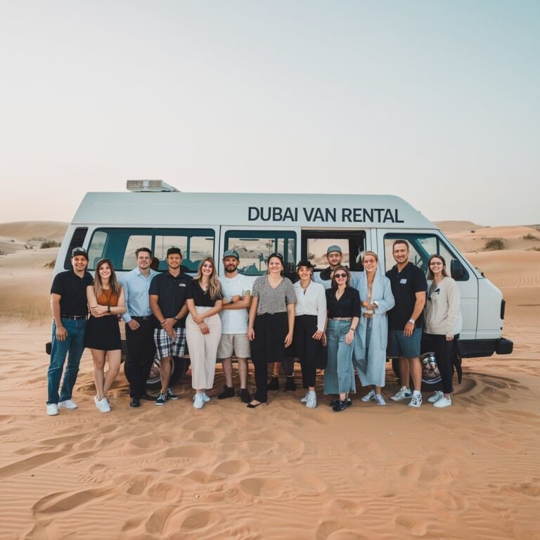 A group of 14 people posing in front of a white "Van rental with driver in dubai for group travel" van parked on sand dunes, highlighting Van Rental with Driver in Dubai For Group Travel.