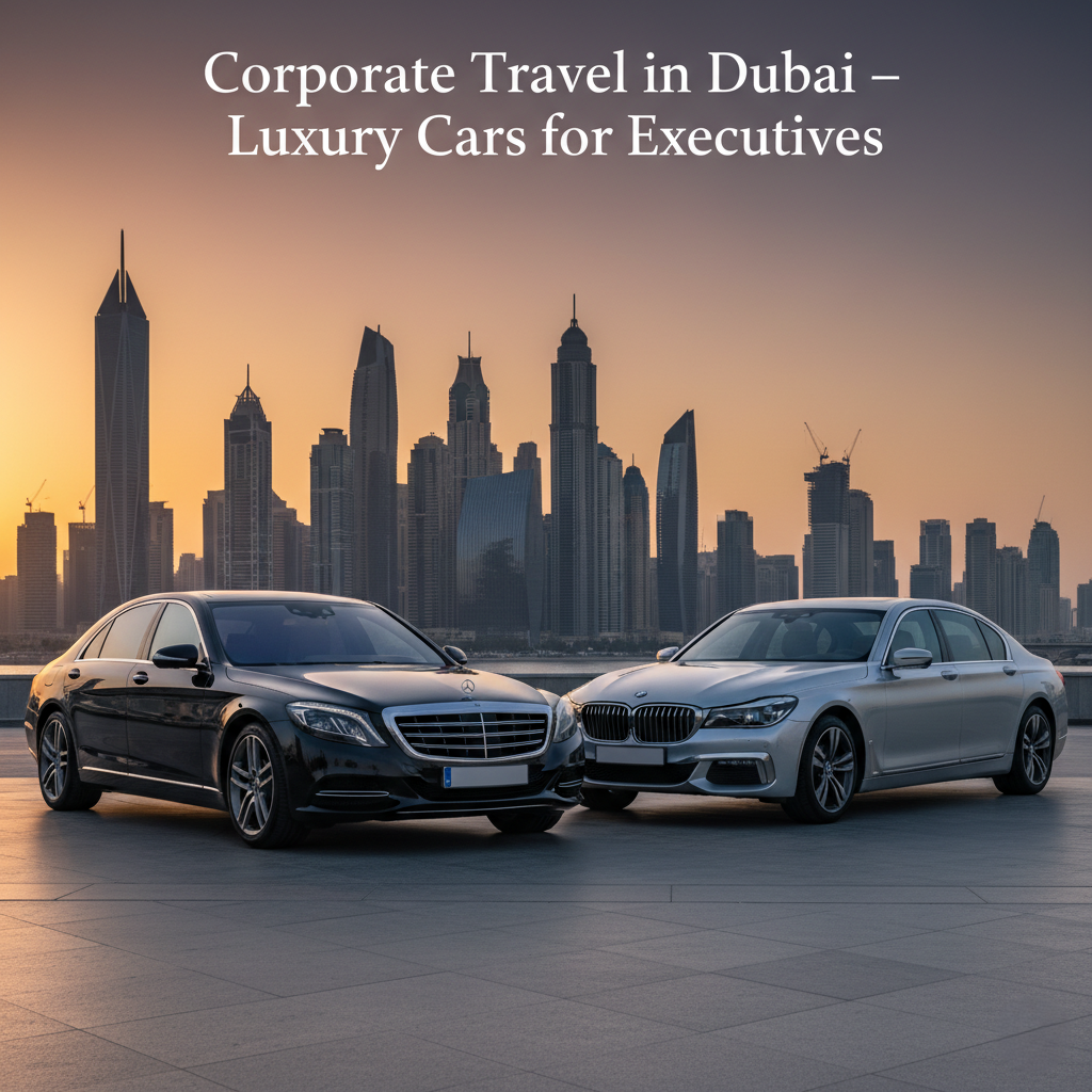 Luxury Mercedes-Benz S-Class and BMW 7 Series rental cars for corporate travel in Dubai with city skyline backdrop.