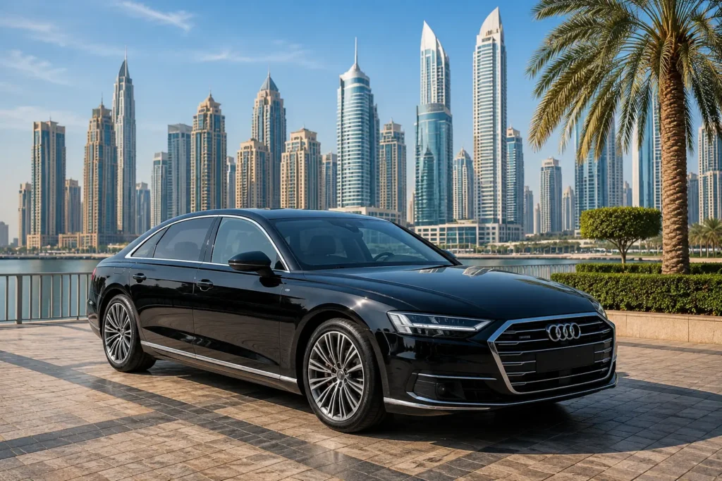 Black Audi A8 parked along Dubai Marina with a modern skyline, ideal for luxury chauffeur-driven travel and executive transportation.