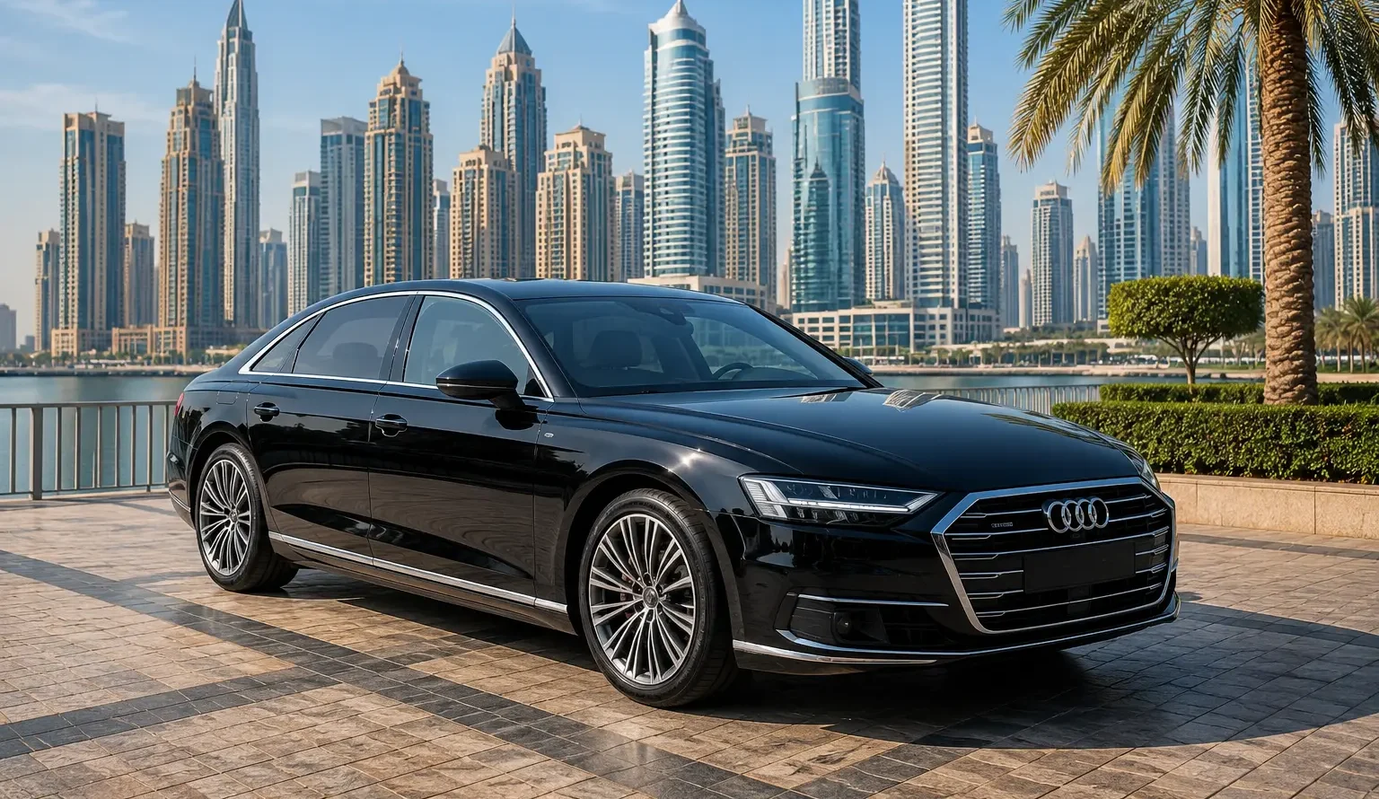 Black Audi A8 parked along Dubai Marina with a modern skyline, ideal for luxury chauffeur-driven travel and executive transportation.