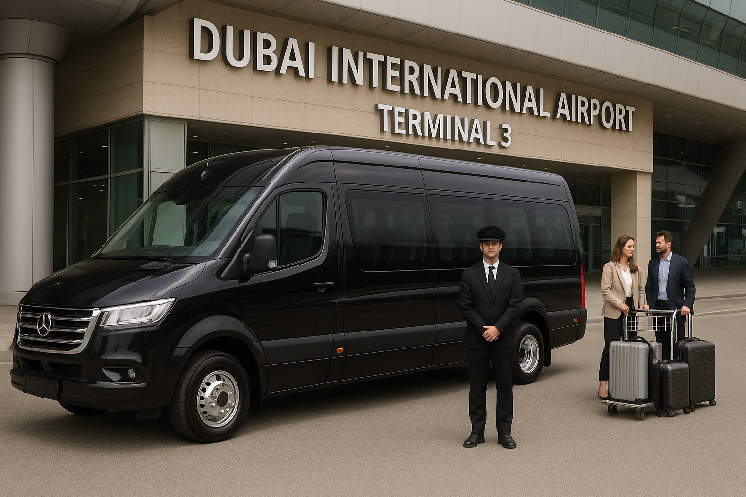 A professional chauffeur in a black suit standing next to a black Mercedes luxury van at Dubai International Airport Terminal 3, with two business travelers and their luggage.