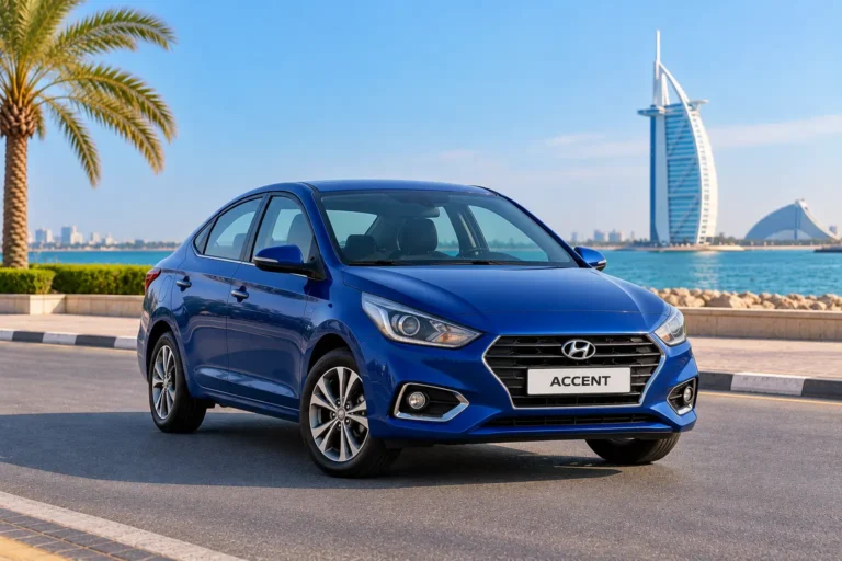 Blue Hyundai Accent by Dubai’s Waterfront