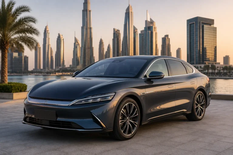 Dark grey BYD HAN 2025 parked on a Dubai waterfront road with high-rise buildings in the background.