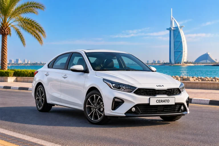 White Kia Cerato by Dubai Waterfront