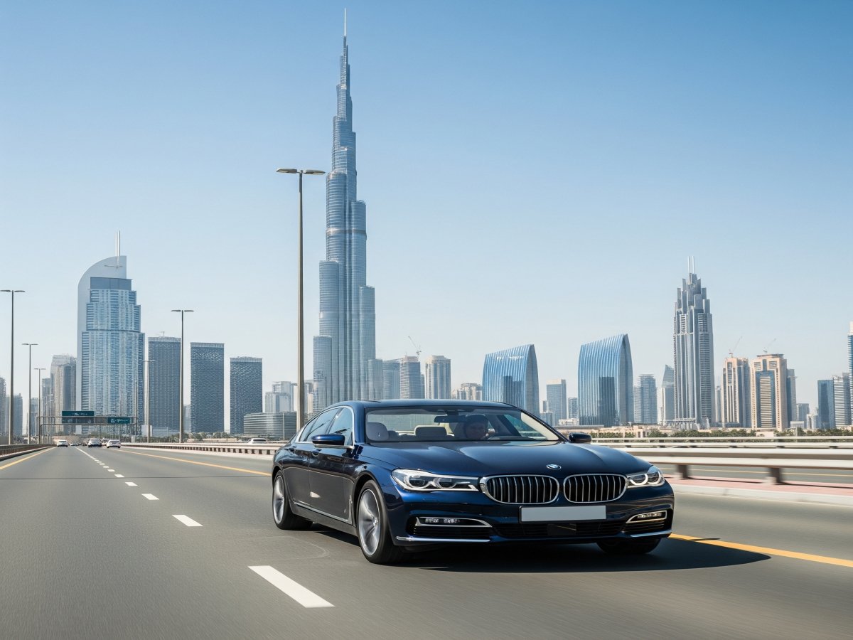 A blue luxury BMW drives along a smooth highway in Dubai under a sunny blue sky. In the background, the iconic Burj Khalifa towers over the modern city skyline, showcasing premium Car Rental with Chauffeur Service Dubai options