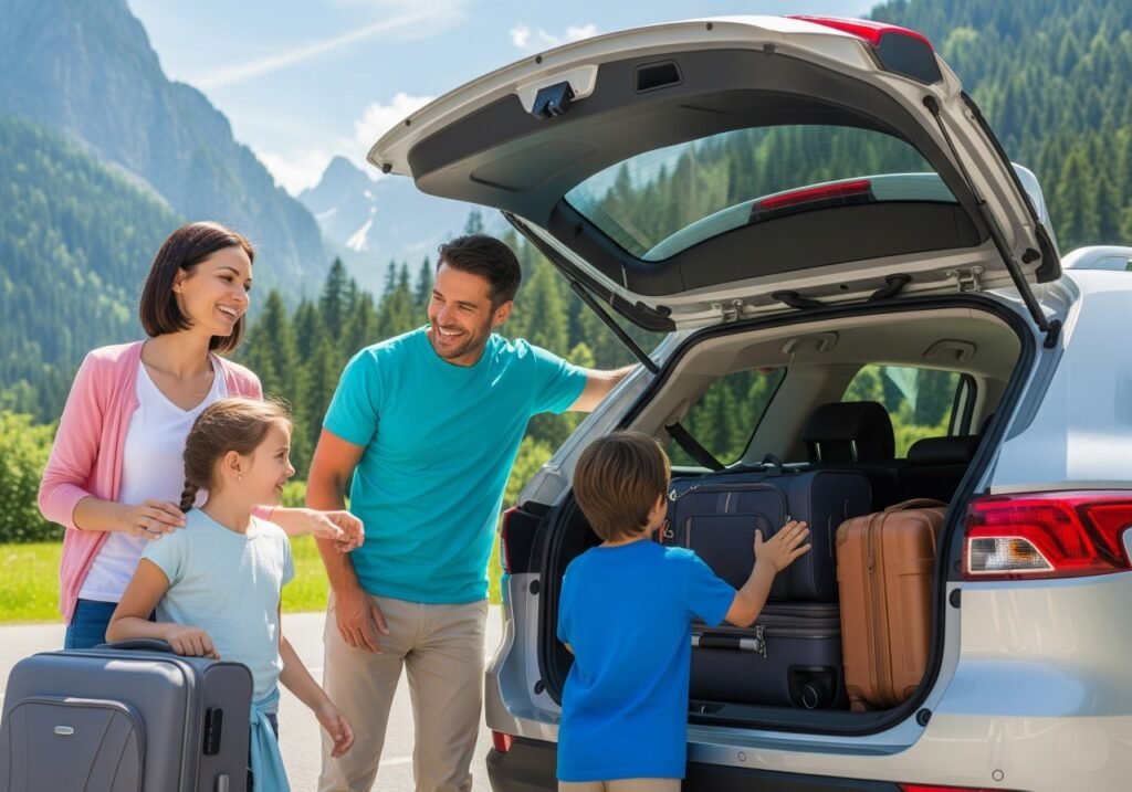 Family happily packs car for a sunny road trip. Emphasizes comfort, safety, and family-friendly features for a perfect getaway.