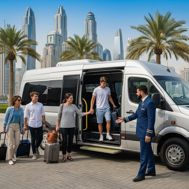 A family with luggage boarding a luxury silver passenger van in Dubai, greeted by a professional uniformed chauffeur with the city skyline in the background.