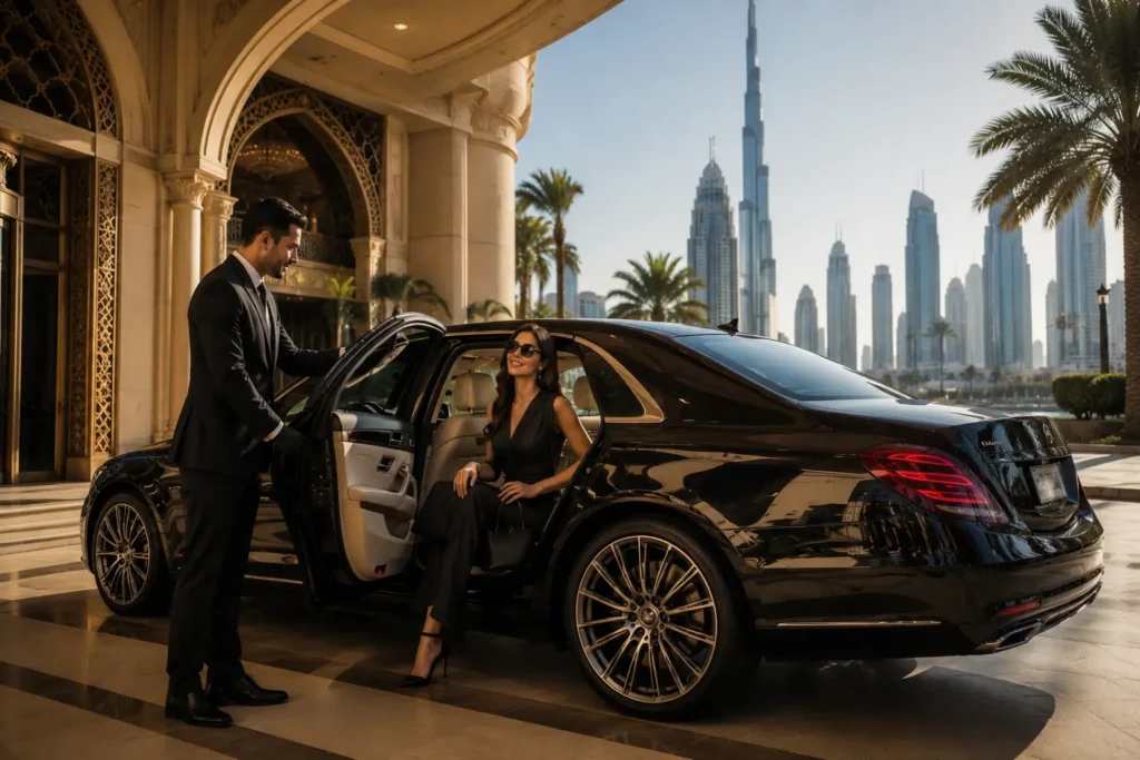 Luxury Car Hire Dubai Service featuring a chauffeur-driven black sedan with the Burj Khalifa in the background for a premium travel experience.