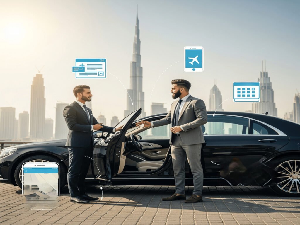 A professional chauffeur in a suit opens the door of a sleek black luxury car for a business traveler in Dubai, with the Burj Khalifa and modern skyline in the background. Icons of a phone, calendar, and map suggest easy booking. Text overlay: “Book a luxury car rental with driver in Dubai.”