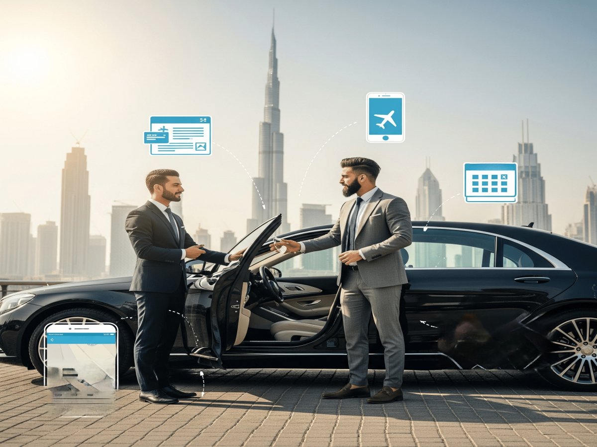 A professional chauffeur in a suit opens the door of a sleek black luxury car for a business traveler in Dubai, with the Burj Khalifa and modern skyline in the background. Icons of a phone, calendar, and map suggest easy booking. Text overlay: “Book a luxury car rental with driver in Dubai.”