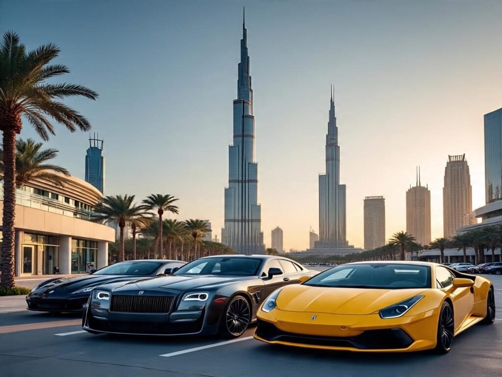 Three luxury supercars parked in front of the Burj Khalifa, showcasing Premier Luxury Car Rental in Dubai.