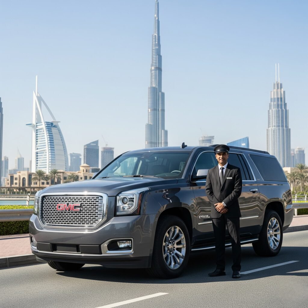 7 Seater Car with Driver in Dubai 7 seater car with driver stand at dubai road