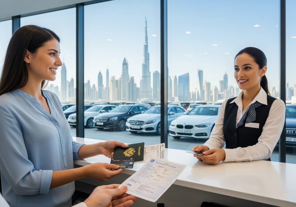 Attachment Details A-woman-hands-a-credit-card-to-a-another-women-illustrating-Documents-Do-You-Need-to-Rent-a-Car-in-Dubai-for-tourists