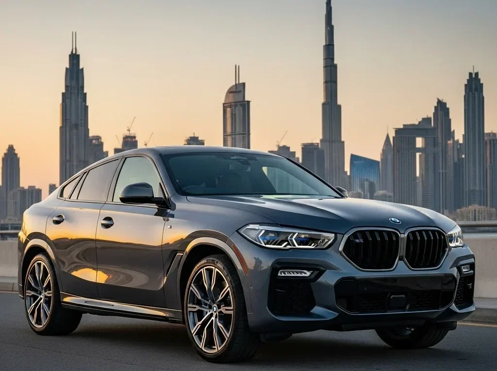 BMW X6 xDrive40i rent in Dubai luxury SUV parked with Burj Khalifa skyline at sunset