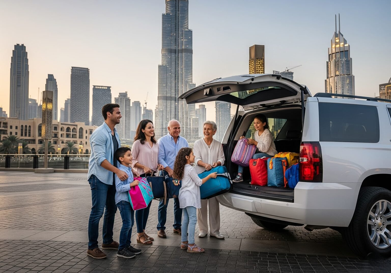 Family loading colorful luggage into the trunk of the roomiest 7-seater SUV in Dubai, with the Burj Khalifa and modern city skyline in the background.