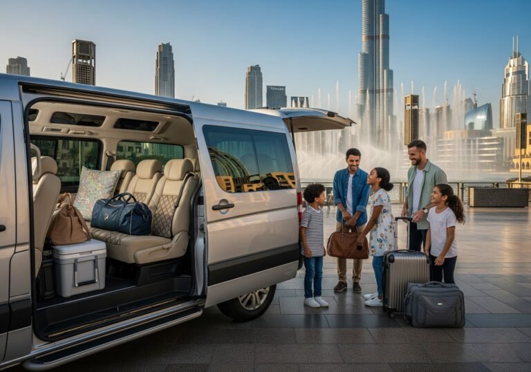 Family with luggage beside a luxury van in Dubai city, highlighting Van Rental with Driver for Family Vacations Dubai for comfort and style.