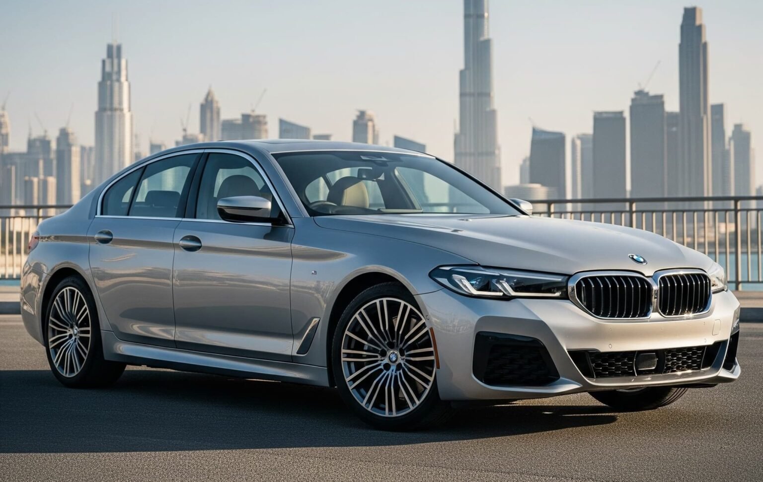 Hyper-realistic BMW 520i 2025 in metallic silver with Dubai skyline and Burj Khalifa backdrop.