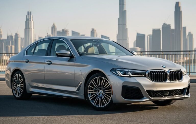 Hyper-realistic BMW 520i 2025 in metallic silver with Dubai skyline and Burj Khalifa backdrop.