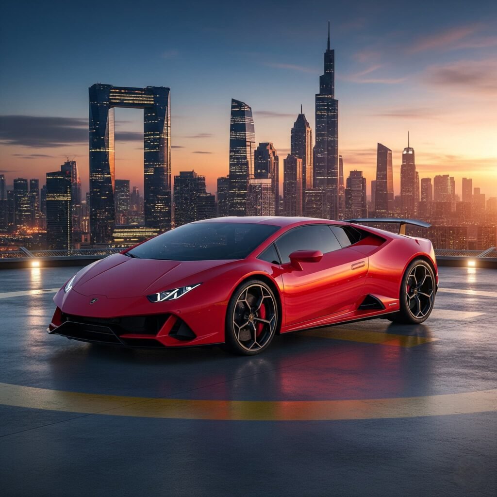 Red Lamborghini Huracán Evo on luxury hotel driveway in Downtown Dubai with Burj Khalifa, palm trees, and sunny sky in view.