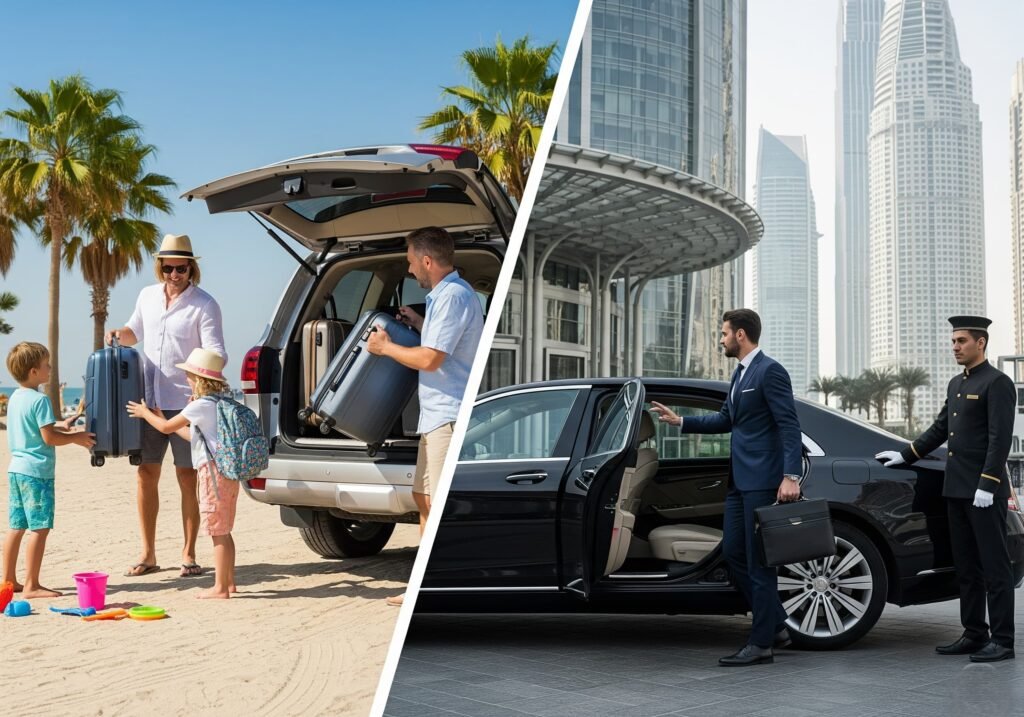 Two-images-show-people-entering-a-car-one-set-on-a-beach-highlighting-travel-options-with-a-driver-in-Dubai.jpg