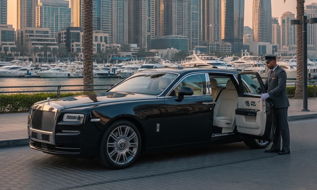 A sleek black Rolls Royce with a uniformed chauffeur opening the door, set against the backdrop of Dubai Marina skyscrapers and yachts at sunset. Hire the perfect car with a driver in Dubai.