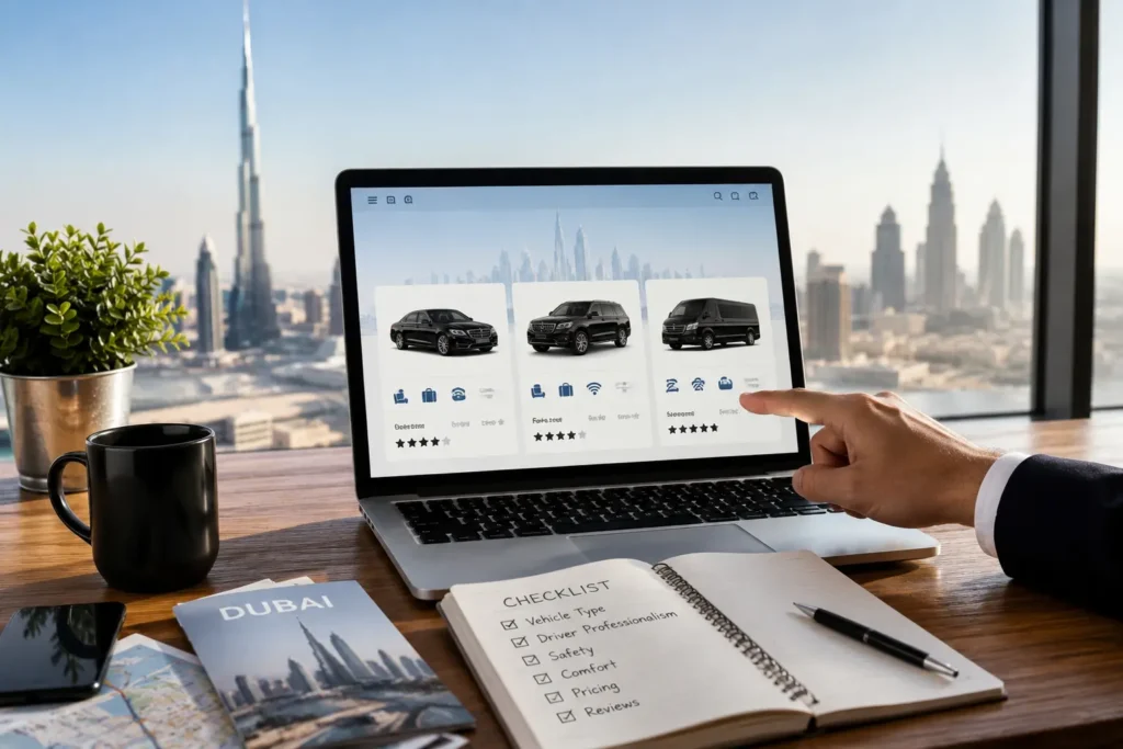 Browse premium Car With Driver Dubai options online with luxury sedans, SUVs, and vans for business and leisure travel.
